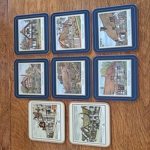 PIMPERNEL Vintage Set of 6 English Cottages & 2 English Inn Cork Backed Coasters